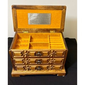 Vintage 1970s Toyo Japan Musical Jewelry Box Chest, Ornate Wood & Mustard Velvet